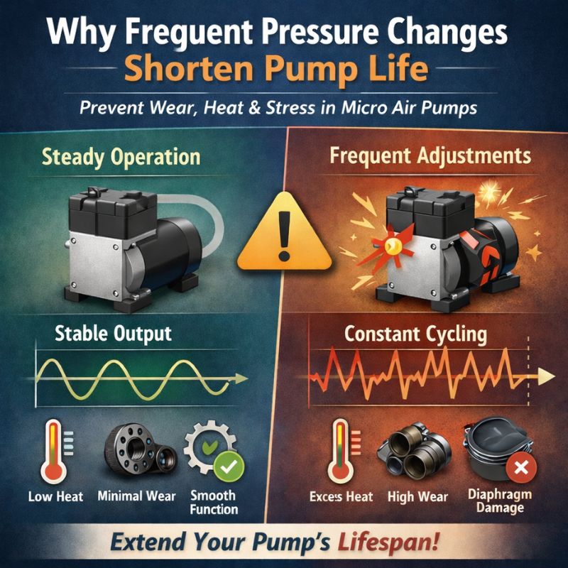 micro air pump steady operation vs frequent pressure adjustments impact on pump lifetime infographic