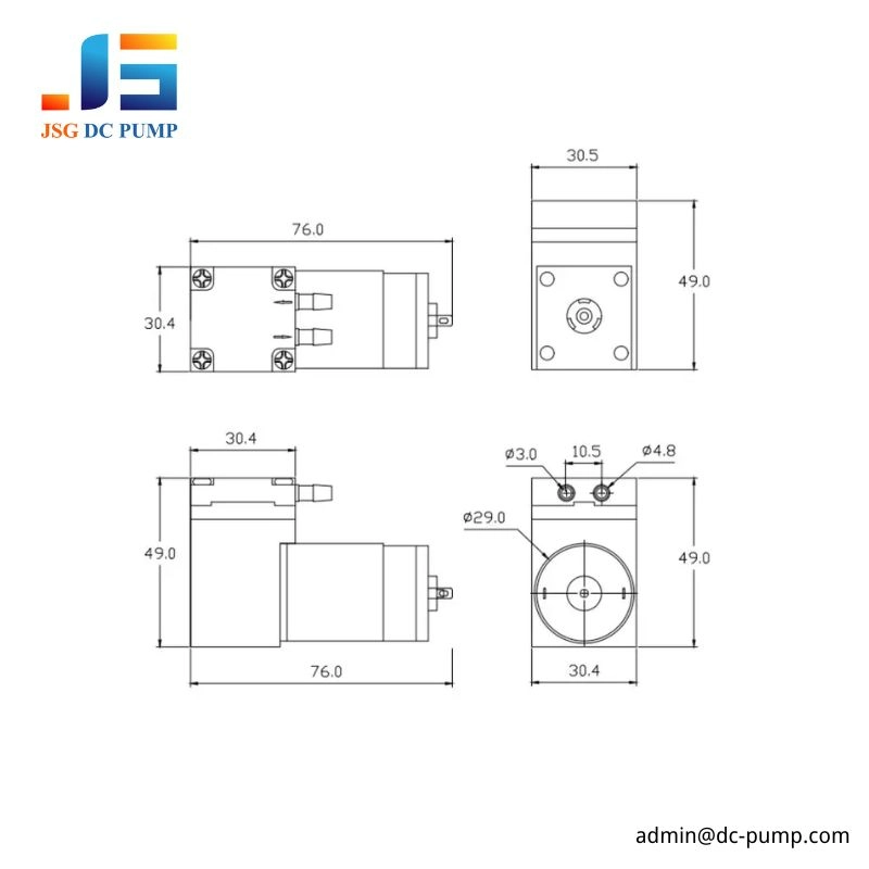 BD-03A/V compact DC air vacuum pump dimensional drawing with 76 mm length, 49 mm height, and 30.4 mm body width for OEM installation.