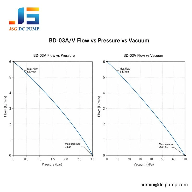 BD-03A/V compact DC air vacuum pump performance curve showing 6 L/min flow, 3 bar pressure, and -70 kPa vacuum for OEM equipment.