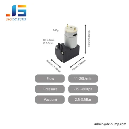 BD-03A/V compact DC diaphragm pump with 3–6 L/min flow, 2–3 bar pressure, and -60 to -70 kPa vacuum for OEM equipment.