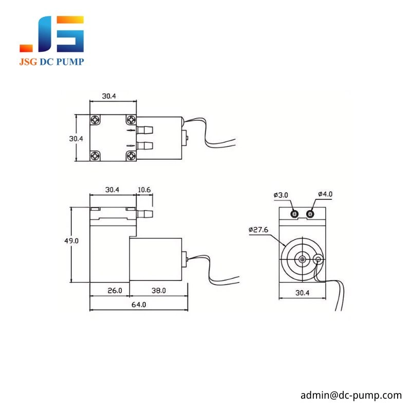 BD-03A/V B brushless mini diaphragm pump dimensional drawing with 64 mm length, 49 mm height, 30.4 mm pump head and 4 mm mounting holes