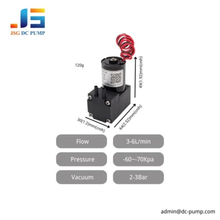 BD-03A/V B brushless mini diaphragm pump with 3–6 L/min flow, 2–3 bar pressure, -60 to -70 kPa vacuum and 120 g weight
