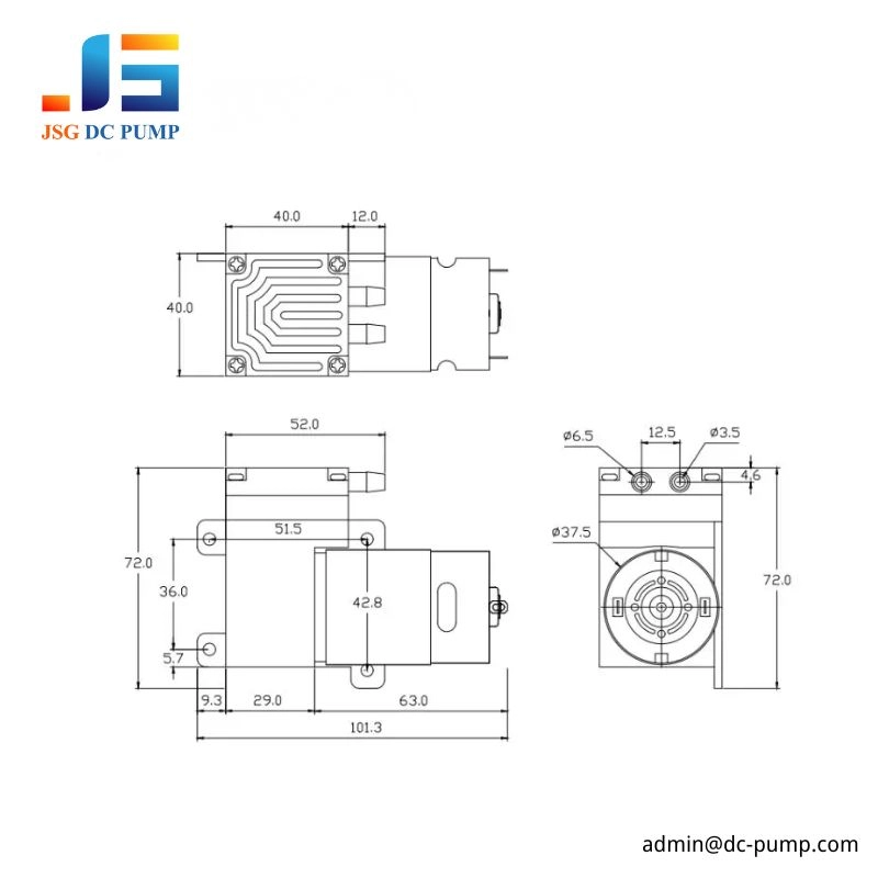 Brushed DC diaphragm pump dimension drawing with 101.3mm length and compact mounting structure