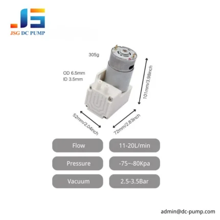 Brushed DC diaphragm pump with 11-20L/min flow, 2.5-3.5 bar pressure, and -75 to -80kPa vacuum
