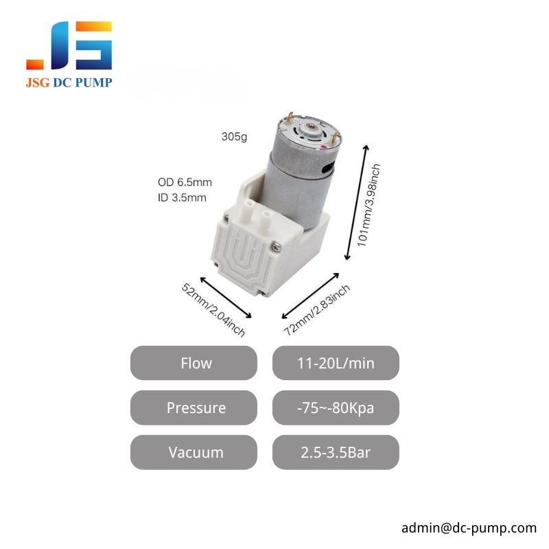 Brushed DC diaphragm pump with 11-20L/min flow, 2.5-3.5 bar pressure, and -75 to -80kPa vacuum