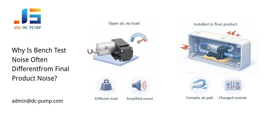 Bench and final-product comparison showing how load, housing resonance, air-path complexity, and controls change mini air pump noise.