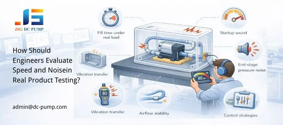 Engineer tests fill time, vibration, airflow stability, and pressure noise of mini air pumps in a complete inflation system.