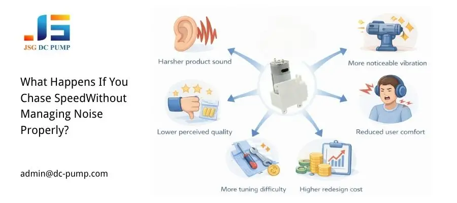 Diagram showing risks of prioritizing mini air pump speed without noise control, including vibration, discomfort, low quality, and redesign cost.