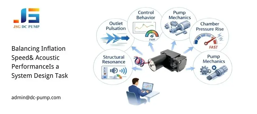 System diagram of pump mechanics, outlet pulsation, pressure rise, structural resonance, and PWM control affecting mini air pump speed and noise.