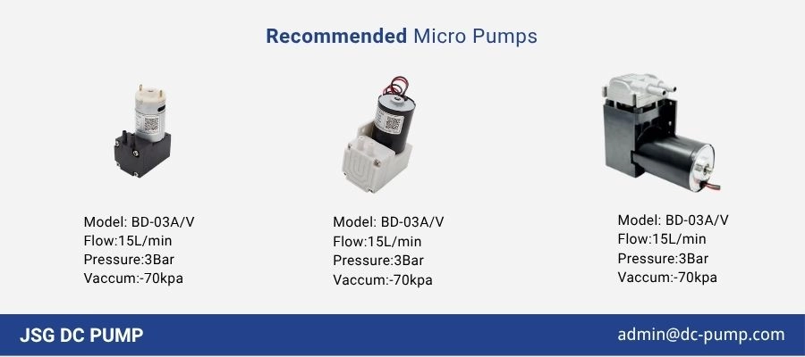 Recommended micro pumps for reducing micro pump flow decay with BD-03A/V models for stable flow, pressure, and vacuum performance