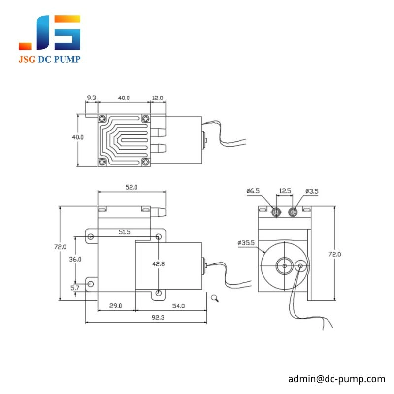 BD-04AB and BD-04VB brushless mini diaphragm pump dimension drawing with mounting hole and port size details