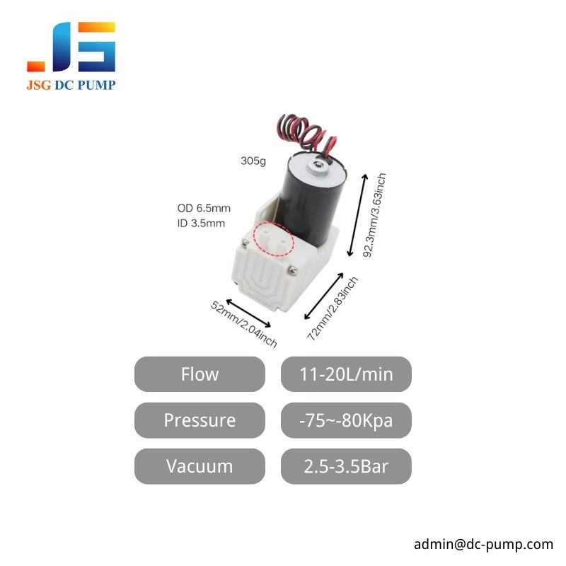 BD-04A/V B brushless mini diaphragm pump specifications with 11-20 L/min flow 2.5-3.5 bar pressure and -75 to -80 kPa vacuum