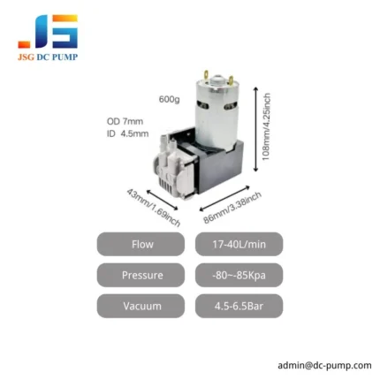 BD-07 Miniature DC piston pump showing dimensions, weight, inlet/outlet size, flow 17-40L/min, pressure 4.5-6.5bar, vacuum -80~-85kPa.