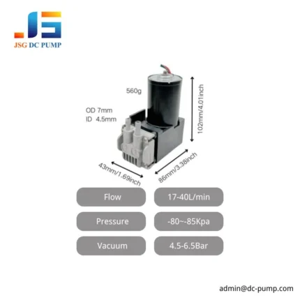 BD-07 brushless DC piston pump with 17–40 L/min flow, up to 6.5 bar pressure and -80 to -85 kPa vacuum for OEM air and suction systems
