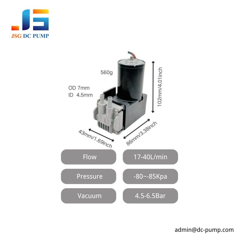 BD-07 brushless DC piston pump with 17–40 L/min flow, up to 6.5 bar pressure and -80 to -85 kPa vacuum for OEM air and suction systems