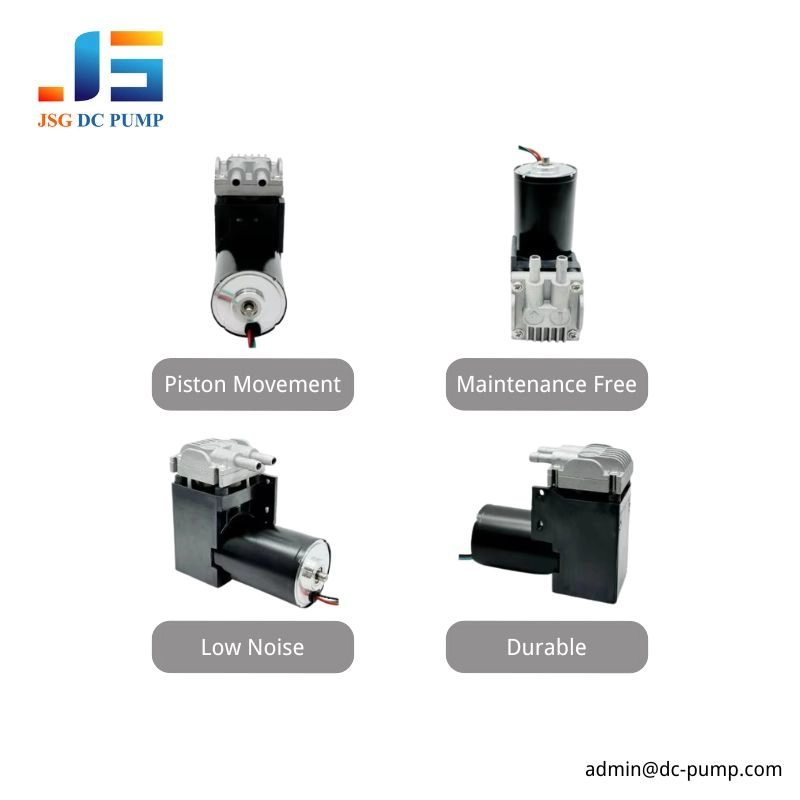 BD-07 Micro Piston Pump Features BD-07 micro piston pump feature display showing piston movement, maintenance-free design, low noise operation and durable structure for air and vacuum applications