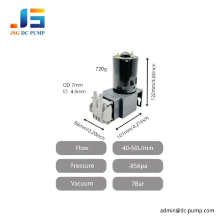 BD-079 DC piston pump specifications showing 40-50 L/min flow, 7 bar pressure, and -85 kPa vacuum