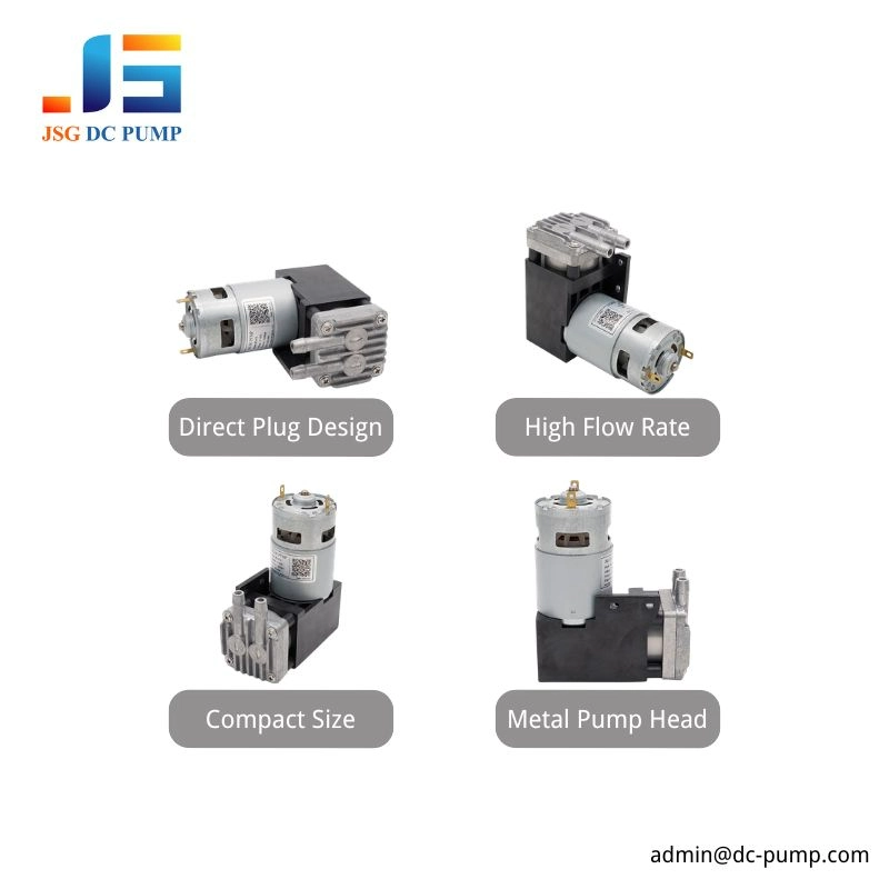 BD-07 Brushed Piston Pump Design Features BD-07 brushed DC piston pump feature views showing direct plug design, high flow rate, compact size and metal pump head