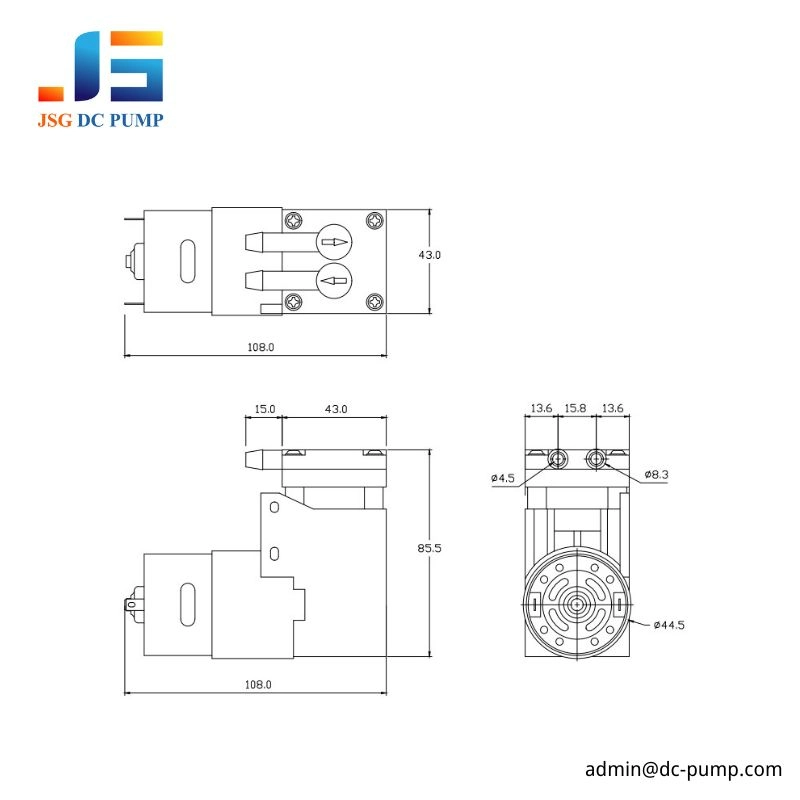 BD-07A/V-M piston pump dimensional drawing with 108 mm length, 43 mm width, 85.5 mm height and detailed port dimensions