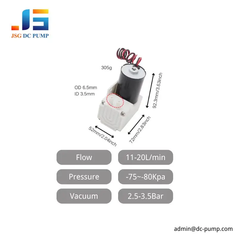 Brushless mini diaphragm pump dimensions and performance specifications showing 92.3 × 72 × 52 mm size, 305 g weight and 11–20 L/min flow
