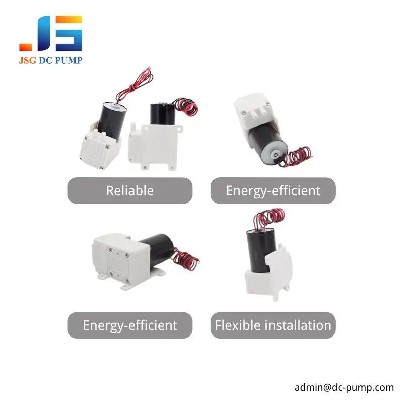 JSG04 Compact Pump Installation Views JSG04 compact brushless diaphragm pump shown from multiple angles with reliable operation, energy efficiency and flexible installation