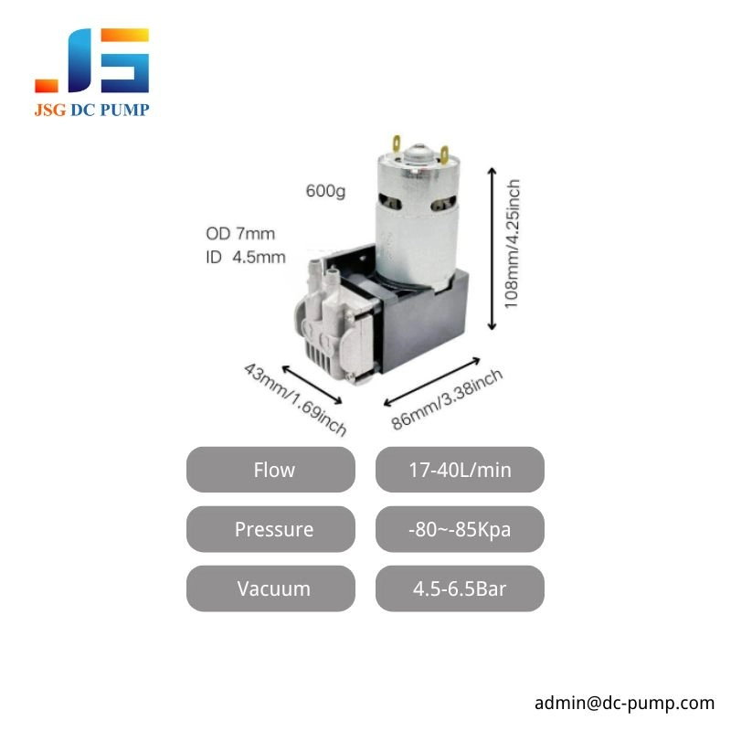 Miniature DC Piston Pump Size and Performance Miniature DC piston pump dimensions and specifications showing 108 mm size, 600 g weight, 17-40 L/min flow, pressure and vacuum ranges