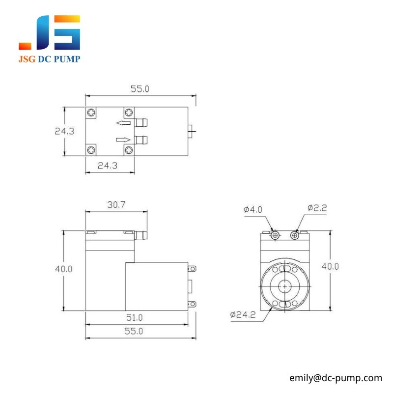 BD-02 mini DC vacuum pump dimensional drawing showing 55 mm length, 40 mm height, and port dimensions