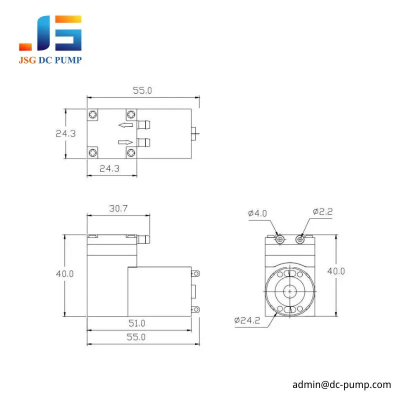 BD-02A and BD-02V dimensional drawing showing 55 mm length, 40 mm height and 24.3 mm pump head width