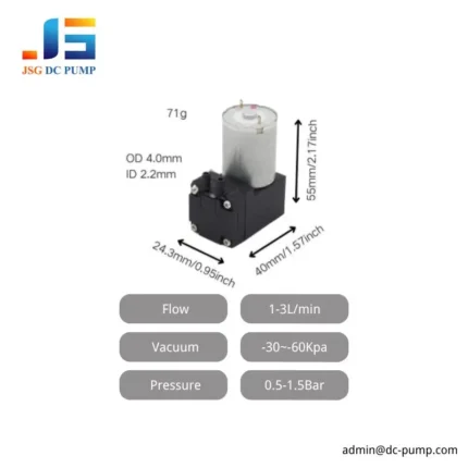BD-02 mini diaphragm pump size and performance graphic showing 55 x 40 x 24.3 mm dimensions and 1 to 3 L/min flow