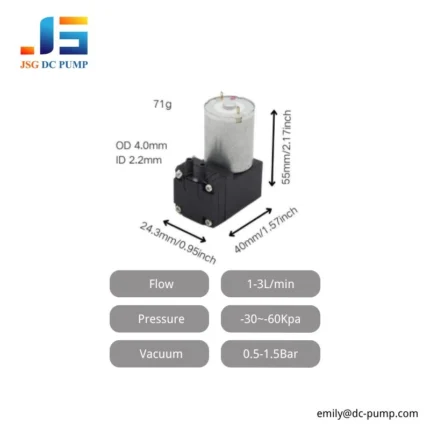 BD-02 mini DC vacuum pump specifications showing 71g weight, compact size, 1 to 3 L/min flow, and pressure vacuum performance