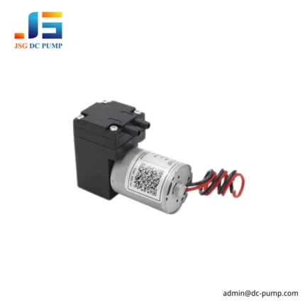 BD-02 mini diaphragm gas pump with compact black pump head, silver DC motor, top dual ports, red and black wires, shown on a white background.