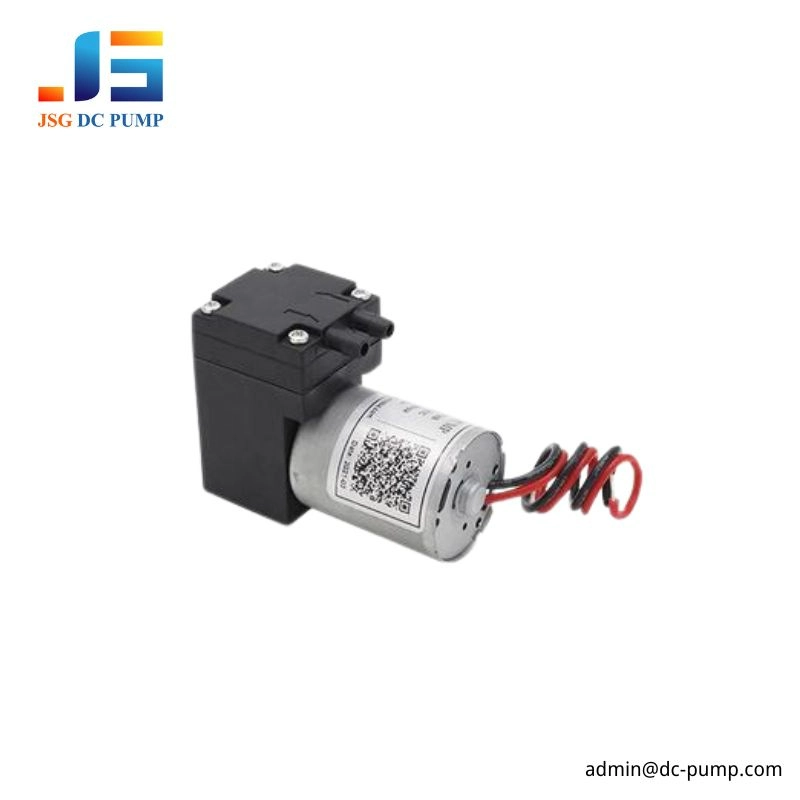 BD-02 Mini Diaphragm Gas Pump Product Image BD-02 mini diaphragm gas pump with compact black pump head, silver DC motor, top dual ports, red and black wires, shown on a white background.