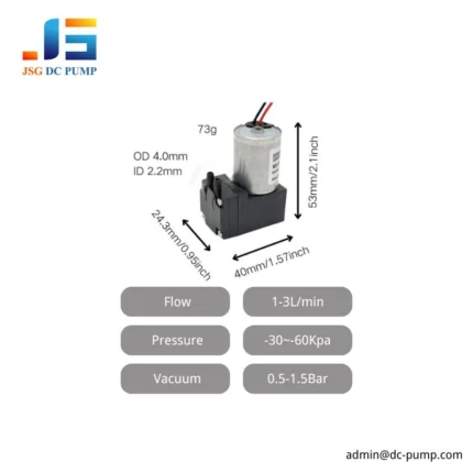BD-02 mini diaphragm gas pump parameter graphic showing 73g weight, 53mm height, 40mm length, 24.3mm width, OD 4.0mm and ID 2.2mm ports.