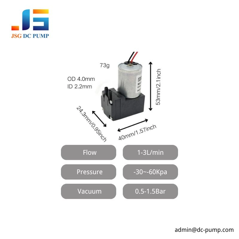 BD-02 Mini Diaphragm Gas Pump Size and Parameters BD-02 mini diaphragm gas pump parameter graphic showing 73g weight, 53mm height, 40mm length, 24.3mm width, OD 4.0mm and ID 2.2mm ports.
