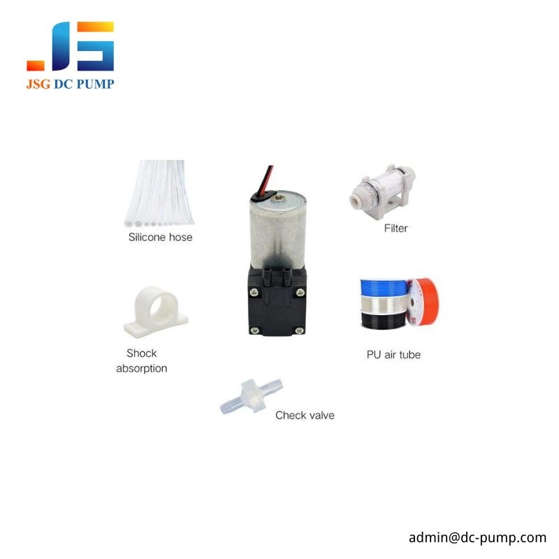 BD-02 Mini Diaphragm Pump Accessories BD-02 mini diaphragm pump with silicone hose, filter, shock absorber mount, PU air tube, and check valve accessories for OEM installation.