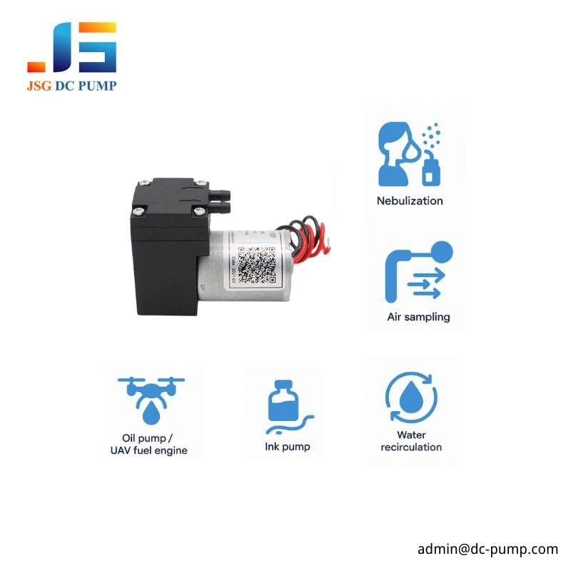 BD-02 Mini Diaphragm Pump Application Fields BD-02 mini diaphragm pump application graphic showing nebulization, air sampling, oil pump, UAV fuel engine, ink pump and water recirculation uses.