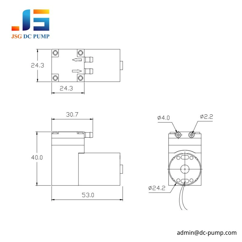 BD-02 mini diaphragm pump dimensional drawing showing 53.0 mm length, 40.0 mm height, 24.3 mm pump head size, and top port dimensions.