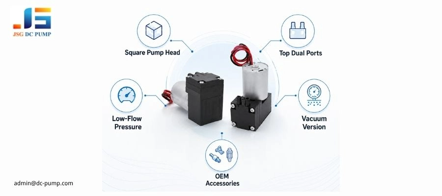 BD-02AB/VB brushless mini diaphragm gas pump with square pump head, top dual ports, low-flow pressure option, vacuum version and OEM accessories.
