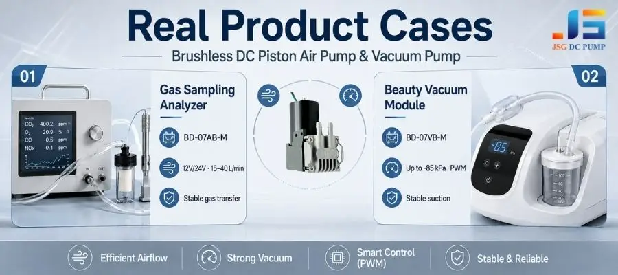 BD-07 pump used in a gas sampling analyzer and a beauty vacuum module with PWM control and vacuum performance up to minus 85 kPa.