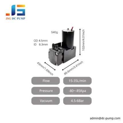 BD-07 piston pump size and performance graphic with 540 g weight, 15–35 L/min flow, pressure, and vacuum data