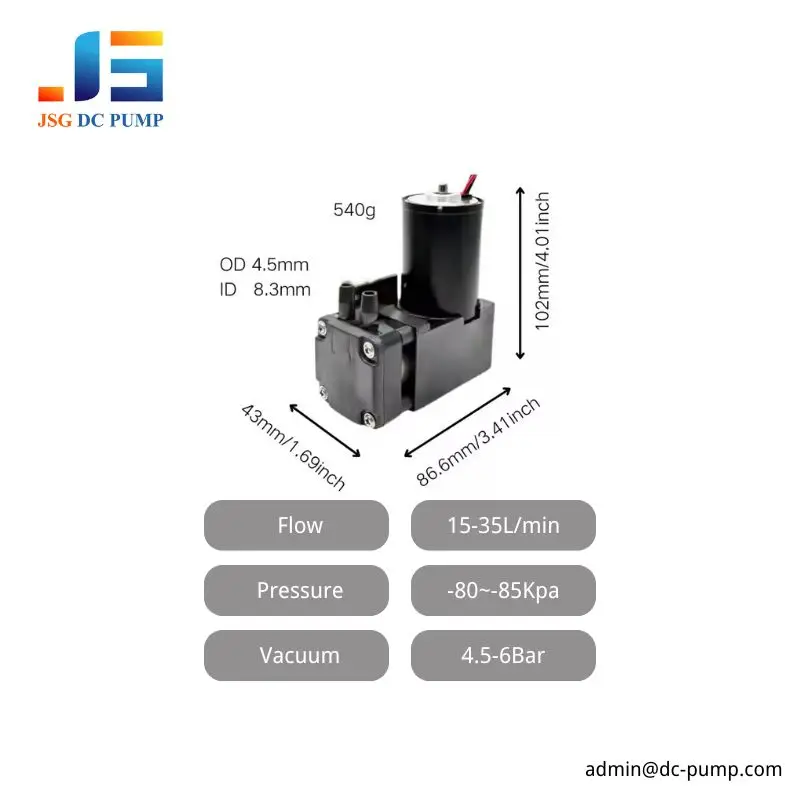 BD-07 Piston Pump Dimensions and Parameters BD-07 piston pump size and performance graphic with 540 g weight, 15–35 L/min flow, pressure, and vacuum data