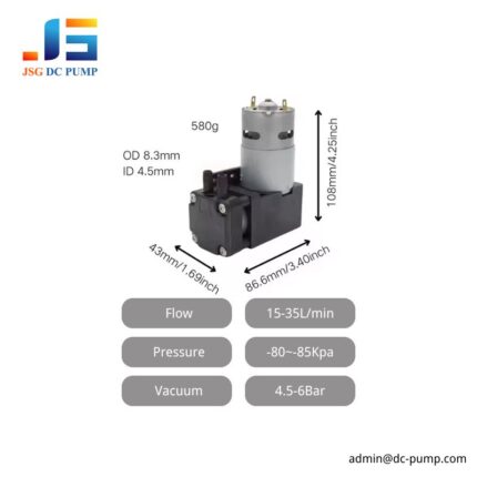 BD-07A/V specification image showing 15–35 L/min flow, 108 mm length, 86.6 mm height, and 580 g weight