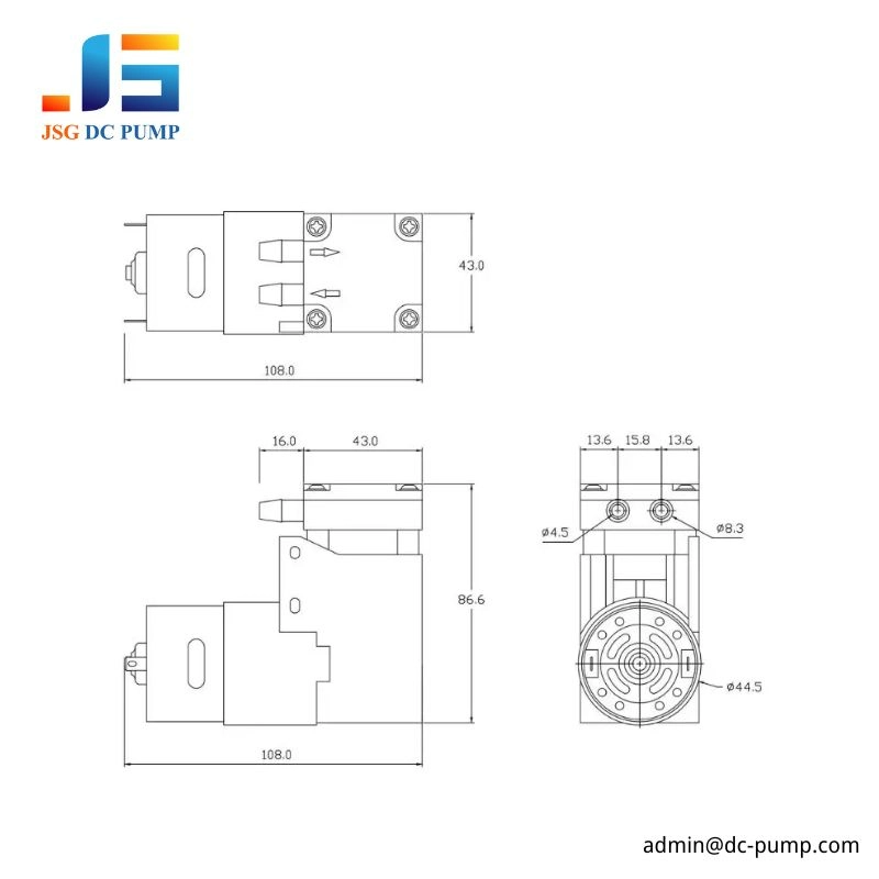 BD-07A/V compact DC piston pump dimensional drawing with 108 mm length, 86.6 mm height and 43 mm width