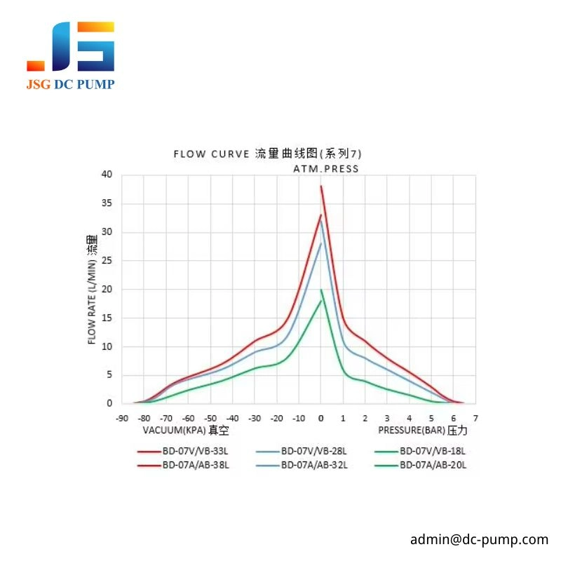 BD-07A/V compact DC piston pump flow curve showing vacuum and pressure performance from -85 kPa to 6 bar