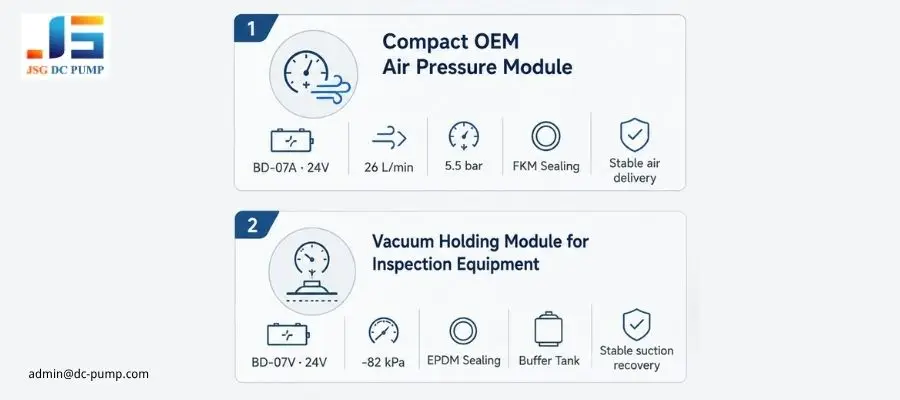 BD-07A/V compact DC piston pump project cases for a 5.5 bar air pressure module and -82 kPa vacuum holding module
