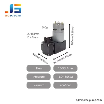 BD-07A/V piston pump dimensions 108 by 86.6 by 43 mm with 15-35 L/min flow, 6 bar pressure and -85 kPa vacuum