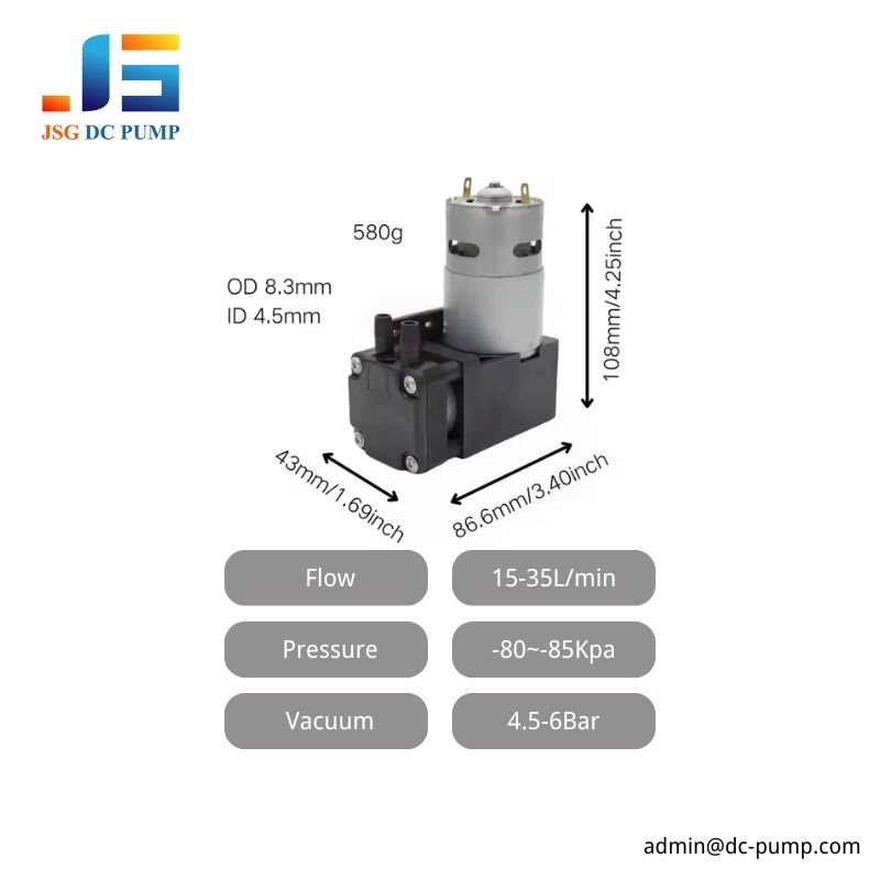 BD-07A/V piston pump dimensions 108 by 86.6 by 43 mm with 15-35 L/min flow, 6 bar pressure and -85 kPa vacuum
