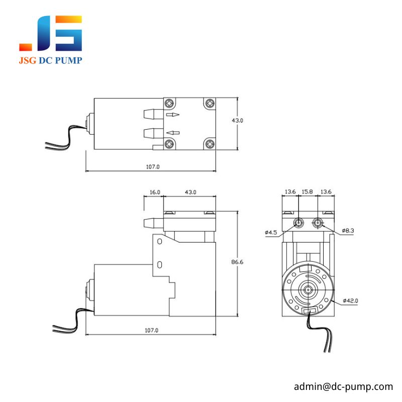 Dimensional drawing of BD-07A/VB brushless mini piston pump for compact installation