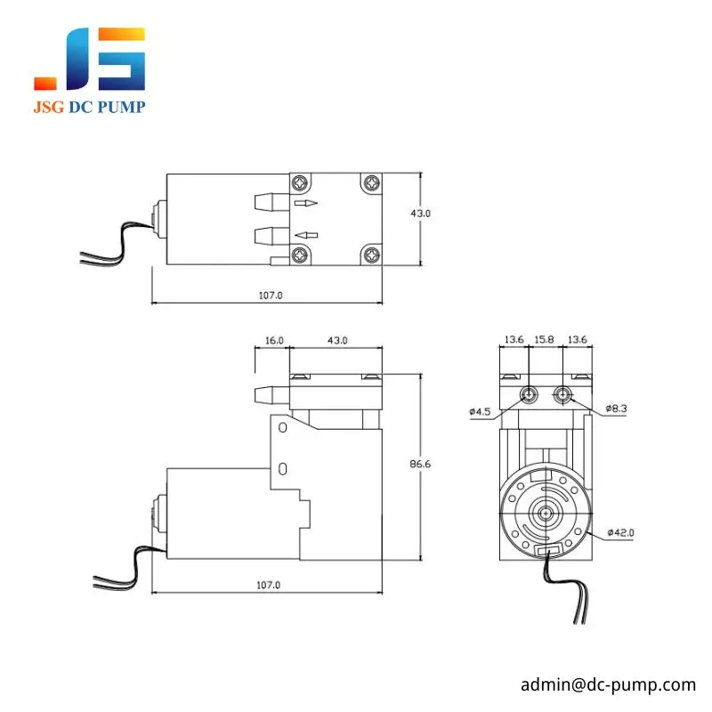 BD-07A/VB brushless mini piston pump dimensional drawing with 107 mm length and mounting details