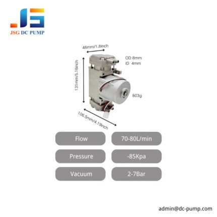 BD-08A/VB-D high flow piston pump parameter image showing 70–80 L/min flow, 803 g weight, compact dimensions, and 8 mm outlet port